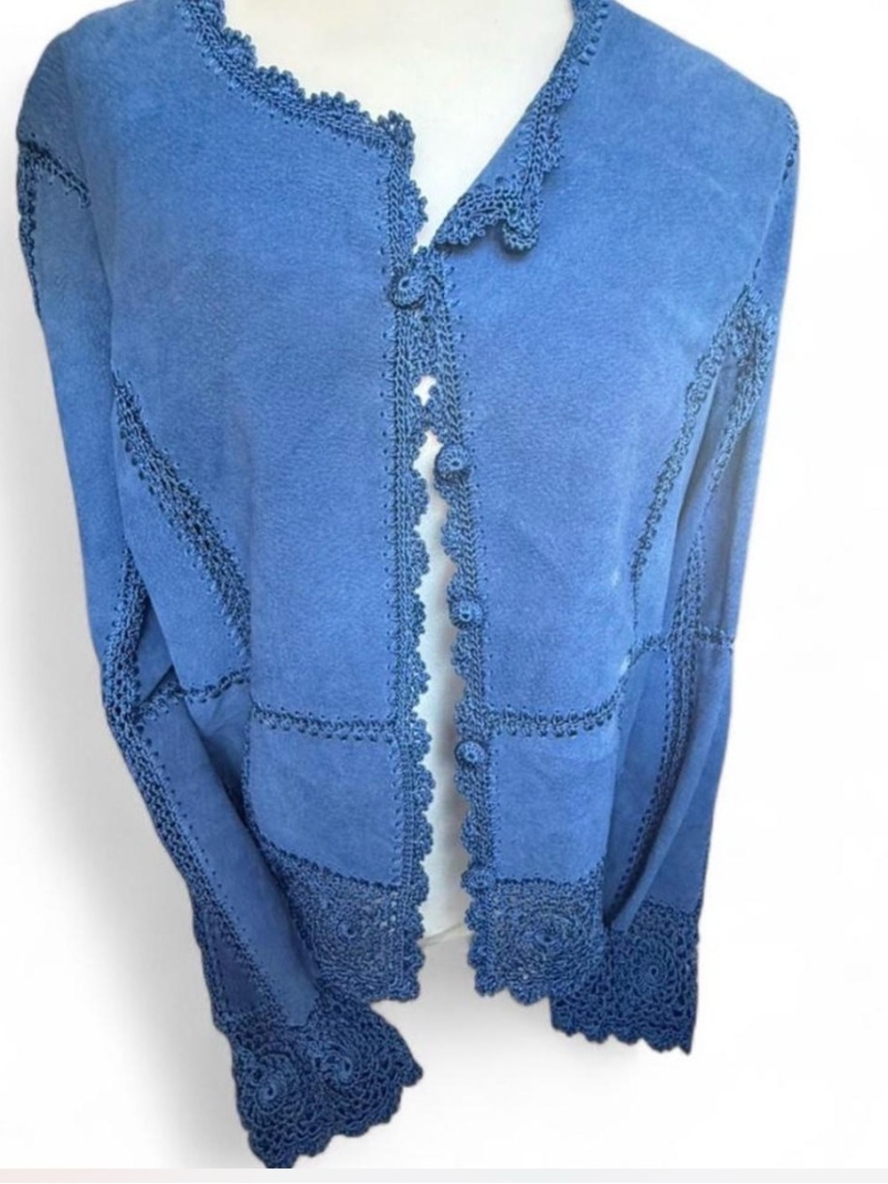Essentials Blue Crochet-Trim Cardigan